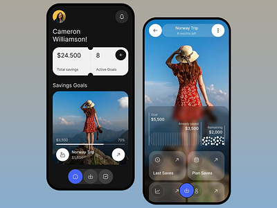 Savings Journey App Design app layout blue accents clear typography dark mode design data visualization finance app financial goal tracking goal management interactive features intuitive navigation minimalistic approach mobile app mobile interface modern app design personal finance progress tracker responsive interface savings goals ui design user engagement