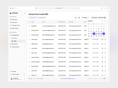 Lead List View calendar clean listview minimal pagination popup product design sidebar ui untitled ui ux