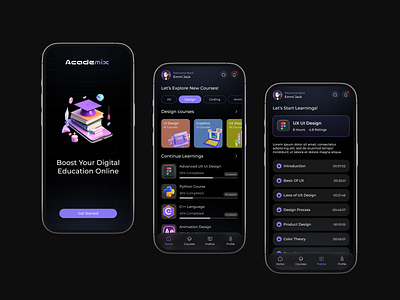 Academix | Learning Application 3d animation app branding dark design figma graphic design logo ui