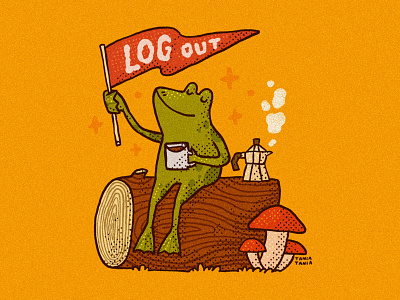 Log Out 2d chill coffee creature cute design digital art frog illustration illustrator log log out moka pot mood mushrooms