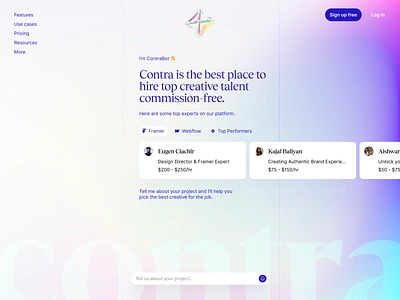 Contra homepage concept ai chat colorful contra gradient home page landing page marketplace prompt webdesign