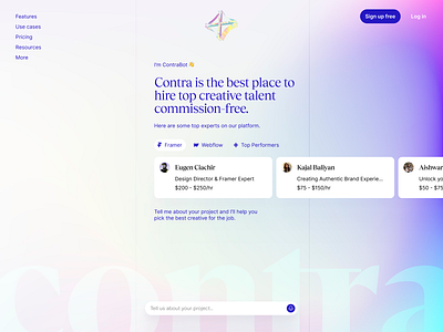 Contra homepage concept ai chat colorful contra gradient home page landing page marketplace prompt webdesign