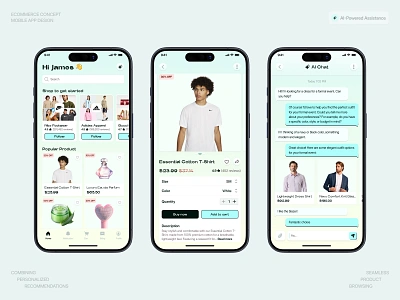 E-commerce Concept Mobile App Design ai powered app app development app interaction app prototype brutalism brutalist chat assistant clean design ecommerce app fashion app interactive interface minimal design mobile app design modern ui personalized recommendations product showcase retail app shopping app ui design user friendly design