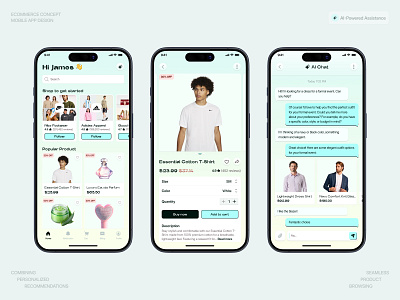 E-commerce Concept Mobile App Design ai powered app app development app interaction app prototype brutalism brutalist chat assistant clean design ecommerce app fashion app interactive interface minimal design mobile app design modern ui personalized recommendations product showcase retail app shopping app ui design user friendly design