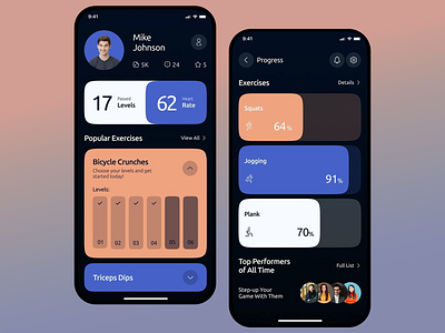 Fitness Tracking App Interface activity analysis dark dark theme interface data visualization exercise progress fitness goals fitness tracker ui health app health tracking app minimalist design mobile app design mobile interface performance insights personalized progress monitor real time tracking uiux design user analytics workout planner workout statistics