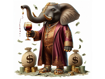 Elephant with Cash, Pop Champagne, and Blings Vibe 3d animation branding design gold chains graphic design illustration logo motion graphics ui ux vector