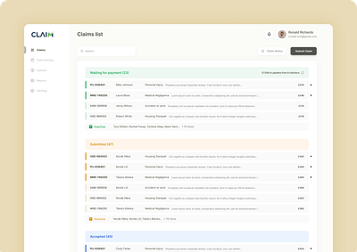 Claims Management Portal claims claimsmanagement design list portal product table ui ux
