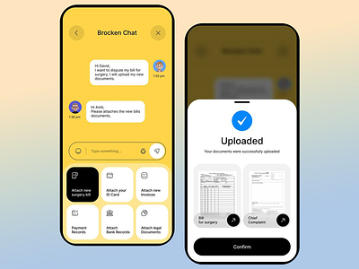 Document Upload Mobile Design chat chat interface conversational ui design digital tools document upload file management file preview interactive elements mobile mobile interface modern task completion ui design user user communication user interaction vibrant design yellow yellow theme