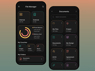 File Manager Mobile Design clean design dark mode ui data data management digital storage document categorization file manager file organization folder management intuitive layout minimalistic layout mobile app design modern ui design productivity app professional interface storage organization system storage ui navigation user centric design user friendly interface