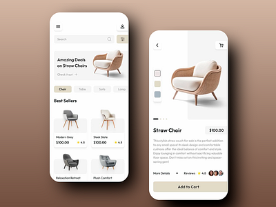 Furniture Shopping App Design app clean design customer reviews e commerce ui furniture furniture shopping app furniture store app interactive design minimalist interface mobile e commerce ui modern shopping app product categorization product detail page product showcase shopping shopping catalog shopping experience soft neutral colors stylish product interface user friendly layout