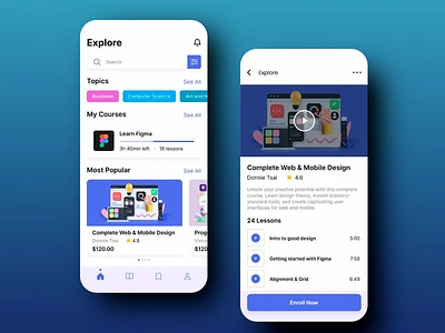 Online Learning App Design course catalog design course content course details page development courses e learning app educational platform ui explore courses interactive learning learning lesson categorization mobile mobile education design modern ui design online learning app personalized courses structured course topic exploration user friendly layout vibrant colors video lesson interface