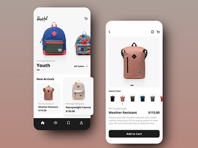 Backpack Shopping App app backpack store category clean layout color selection e commerce design high quality visuals minimalist modern modern shopping new arrivals section online store product product catalog product detail product display shopping app shopping app ui shopping experience user friendly app design