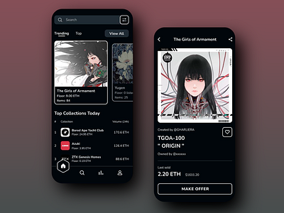 NFT Marketplace Application app interface blockchain design crypto integration dark theme dark theme interface design digital marketplace marketplace design minimalistic app modern modern app nft nft detail nft marketplace nft price display price sleek app layout top collections section user friendly