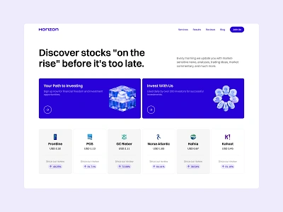 Horizon Stocks Investment blue home page investment landing minimal stocks ui design uiux ux design web design website