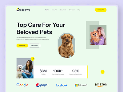 Meows Pet Care Web Header animal booking caring shop cute pet design dog landing page minimal pet pet care pet health pet love pet shop pet store pet ui pet web puppy ui ux website