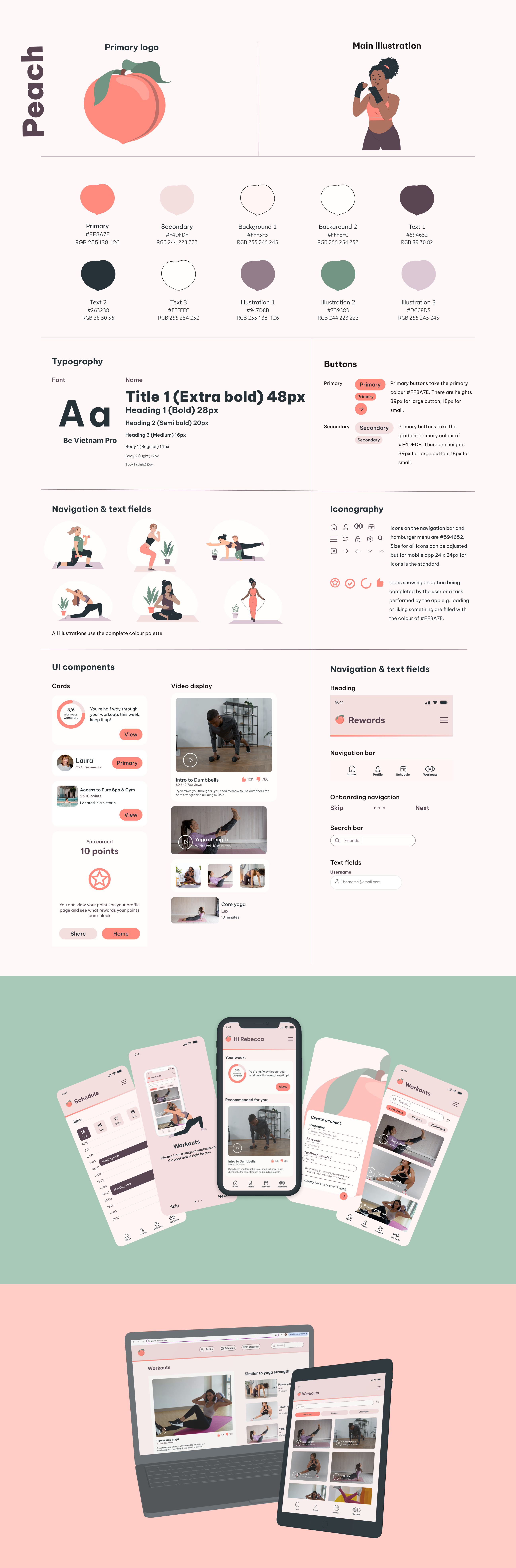 Branding case study - Peach fitness app branding figma figma style guide fitness app style guide ui uidesign