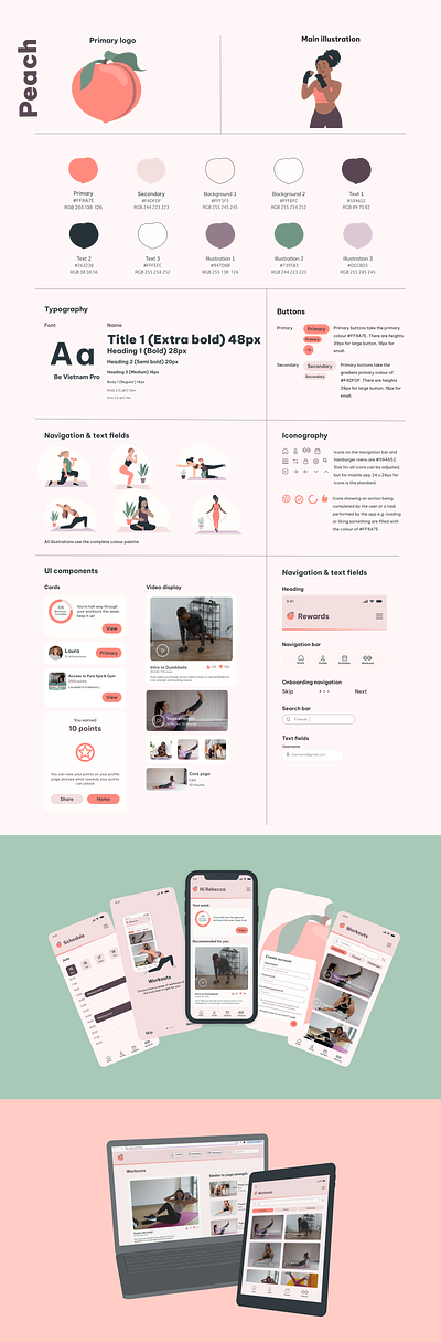 Branding case study - Peach fitness app branding figma figma style guide fitness app style guide ui uidesign