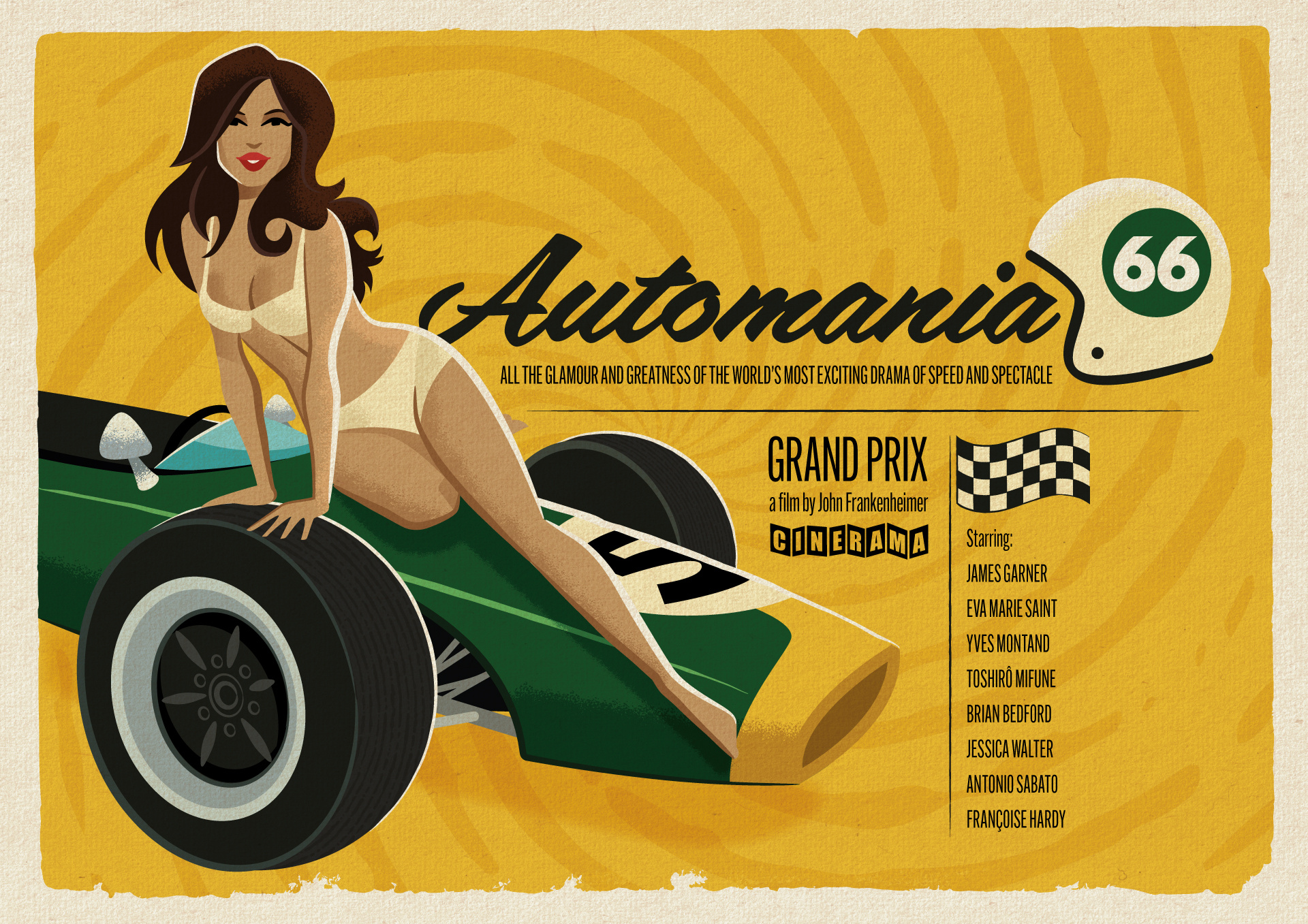 Automania 66 automania 66 chequered flag cinerama crashhelmet grandprix movieposter pinup racecar recline retro