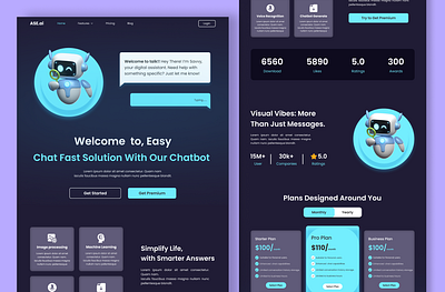 🤖 Modern AI Chatbot Landing Page aidesign artificialintelligence chatbotui cleaninterface creativeui darkthemeui dashboarddesign digitalassistant futuristicdesign landingpage minimalistdesign modernui productpage responsivedesign saaswebsite startupdesign techlandingpage uxuidesign visualdesign webdesign