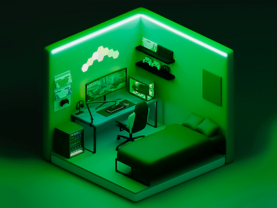 The Green Zone 3D room 3d 3d art 3d art work 3d bedroom 3d bedroom design 3d gaming bedroom 3d gaming desk 3d gaming room 3d tech inspired interior design 3d tech room design console setup 3d creative architecture custom gaming room design cyber inspired 3d room gamer room design inspo gaming desk setup micro living tech themed bedroom 3d virtual gamer zone