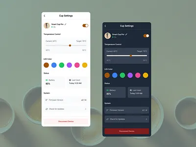 Smart Cup Settings Page mobile design product design ui ux