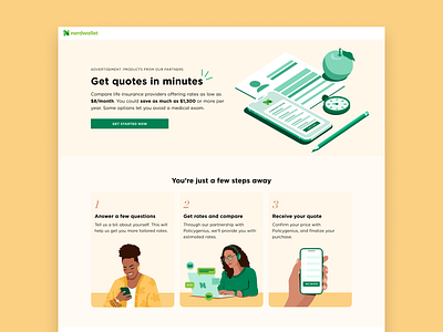 Landing Page - Get quotes in minutes branding component device document finance illustration isometric landing page management module nerdwallet performance marketing phone quote steps tech timer ui web design website