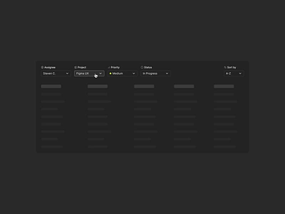 Filtering actions dark dark mode data dropdown figma filter filtering filters header hover metrics minimal navigation product design selection sort by table ui ux