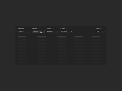 Filtering actions dark dark mode data dropdown figma filter filtering filters header hover metrics minimal navigation product design selection sort by table ui ux