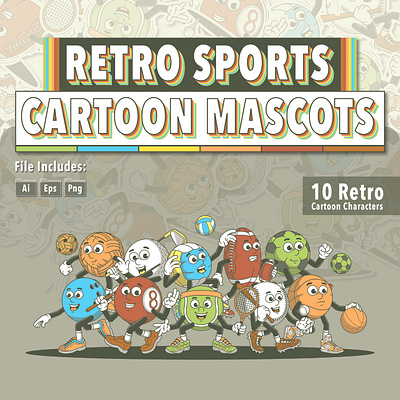 RETRO SPORTS CARTOON MASCOTS adobe illustration baseball basket ball billiard bowling cartoon design golf graphic design illustration mascots retro rugby soccer sports takraw tennis vector vintage volleyball