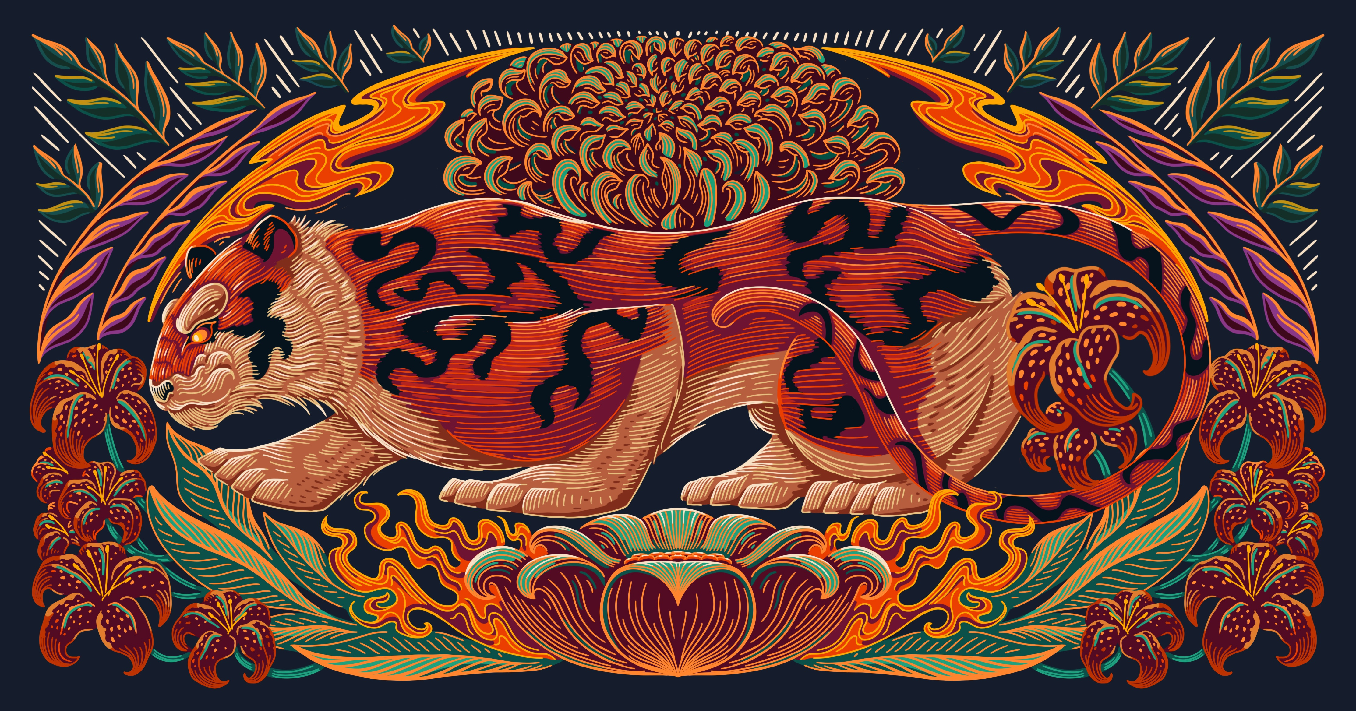 A Tale of Fire and Courage animal asia botany europe flower gift introduction video japan jungle linocut los angeles motion graphics narration new year new york packaging prints seattle story tiger