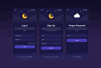 My Sleep Affirmations | Log In, Sign Up and Forgot Password app design figma mobile ui ux