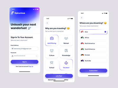 Epicurious - Travel App Exploration app design minimalist mobile mobile design project purple travel ui ux