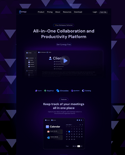 Cynergy: All-in-One Collaboration Platform cleandesign collaborationtool darkmode figmadesign modernui productivityapp saasdesign techui uiux webdesign