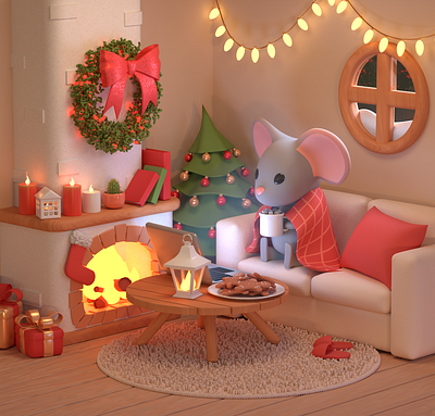 Christmas cosy mouse 3D illustration 3d 3d render animation christmas concept concept art cute design gameart illustration mouse