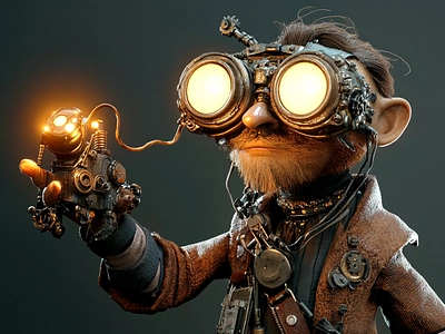 The Clockwork Alchemist 3d 3d modelling 54vt6r8 blender cgi character design glowing goggles quirky steampunk