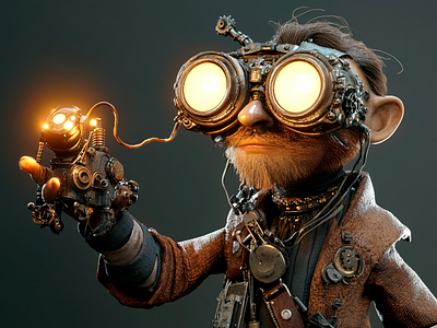 The Clockwork Alchemist 3d 3d modelling 54vt6r8 blender cgi character design glowing goggles quirky steampunk