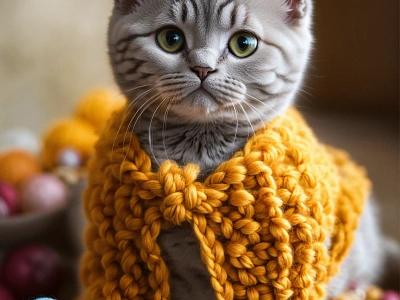 Cute Kitten Draped in Orange Sweater 3d animation cute graphic design kitten motion graphics sweater ui yarn balls