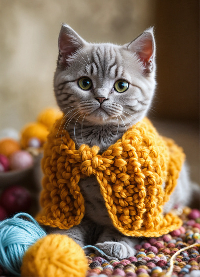 Cute Kitten Draped in Orange Sweater 3d animation cute graphic design kitten motion graphics sweater ui yarn balls