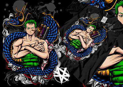 ZORO AND DRAGON anime blue creative illustration design detailed digital illustration dragon fanart graphic graphic artist graphic design green illustration illustrator kaido one piece tshirt zoro