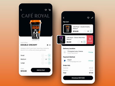 CAFE ROYAL - COFFEE SHOP APP app design app interface branding coffee dark mode design double creamy frozen treat large location masschiato medium mobile app mobile ui mobile ux order payment shop small ui design