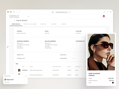 B2B Commerce Order Detail page b2b e commerce luxury fashion saas ui