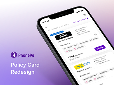 PhonePe Insurance Policy Card Redesign card card design comprehensive plan figma fintech information insurance insurance plan insurance policy mobile app phonepe plan product design ui uiux ux