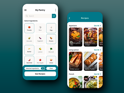 Recipe App: Pantry-to-Plate app design app interface app ui app ux cooking app cooking inspiration design food photography ingredient search mobile mobile app mobile ui mobile ux modern design pantry recipe app smart cooking ui ui design ux