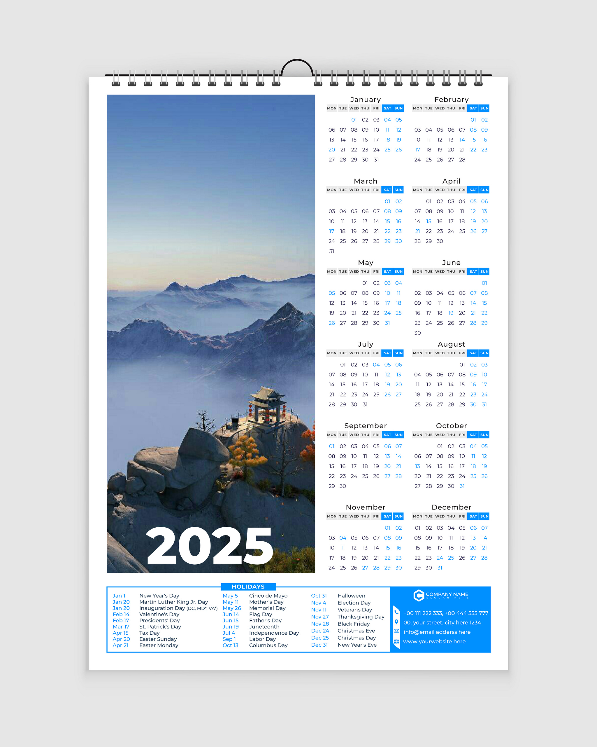 2025 yearly calendar template With Holidays by Md Kawsar on Dribbble