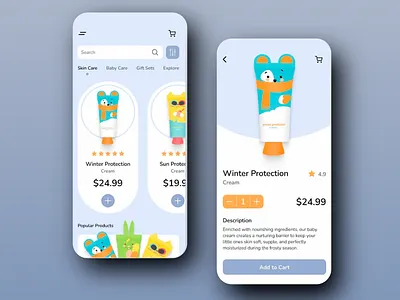 Baby Care App: Adorable & Effective Products app app design baby app baby care app baby cream cute design design e commerce app kids app mobile ui mobile ux playful design sun protection ui ui design user experience user interface ux ux design winter protection