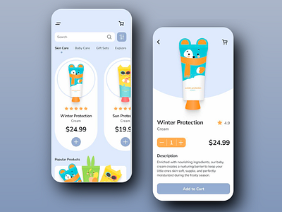 Baby Care App: Adorable & Effective Products app app design baby app baby care app baby cream cute design design e commerce app kids app mobile ui mobile ux playful design sun protection ui ui design user experience user interface ux ux design winter protection