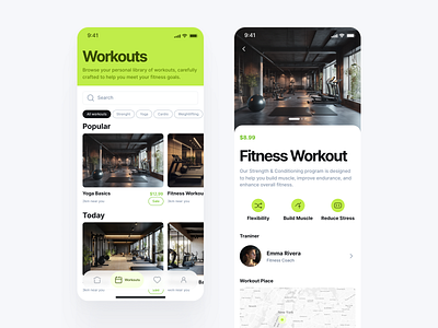 Fitness app workouts list and workout detail app design detail fitness green list mobile sport ui ux workout