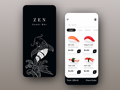 ZEN Sushi Bar: Mobile Ordering App app design elegant design food food ordering interface japanese food marketplace menu menu book menu browsing minimal mobile mobile app ordering app restaurant app sushi sushi app sushi bar ui design ux design