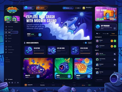 MooWin Casino: Crash game | Lobby page 2d game betting casino casual game crash game crypto casino gambling game interface gaming icons gears landing page lobby online casino orbit rocket slot game space technologies uiux web design