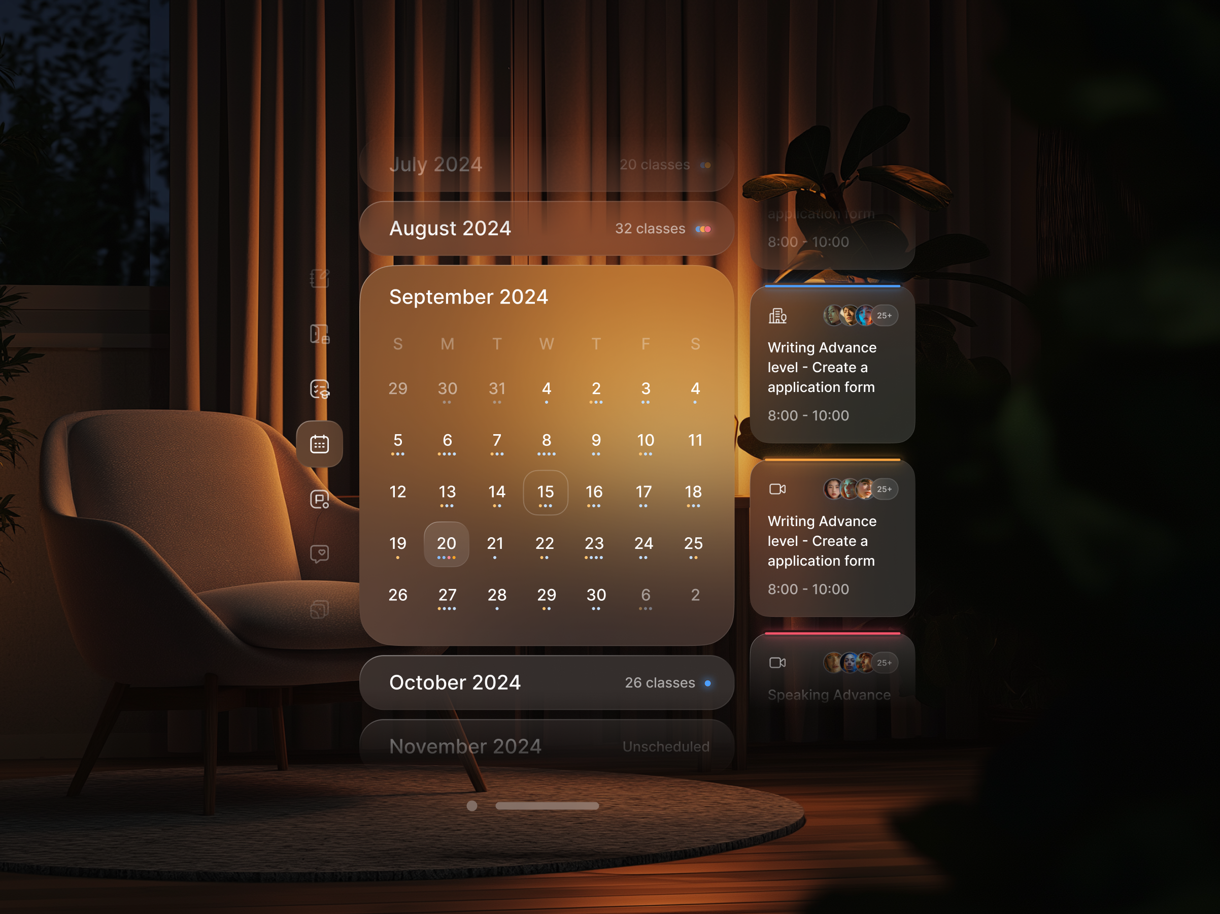 Apply Vision Calendar for educator apply vision pro ar ui design calendar class education glass glassmorphism schedule visionos vr design vr ui